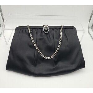 Vintage Ande Clutch Chain Strap Black Satin Purse Bag Frame Evening Silver